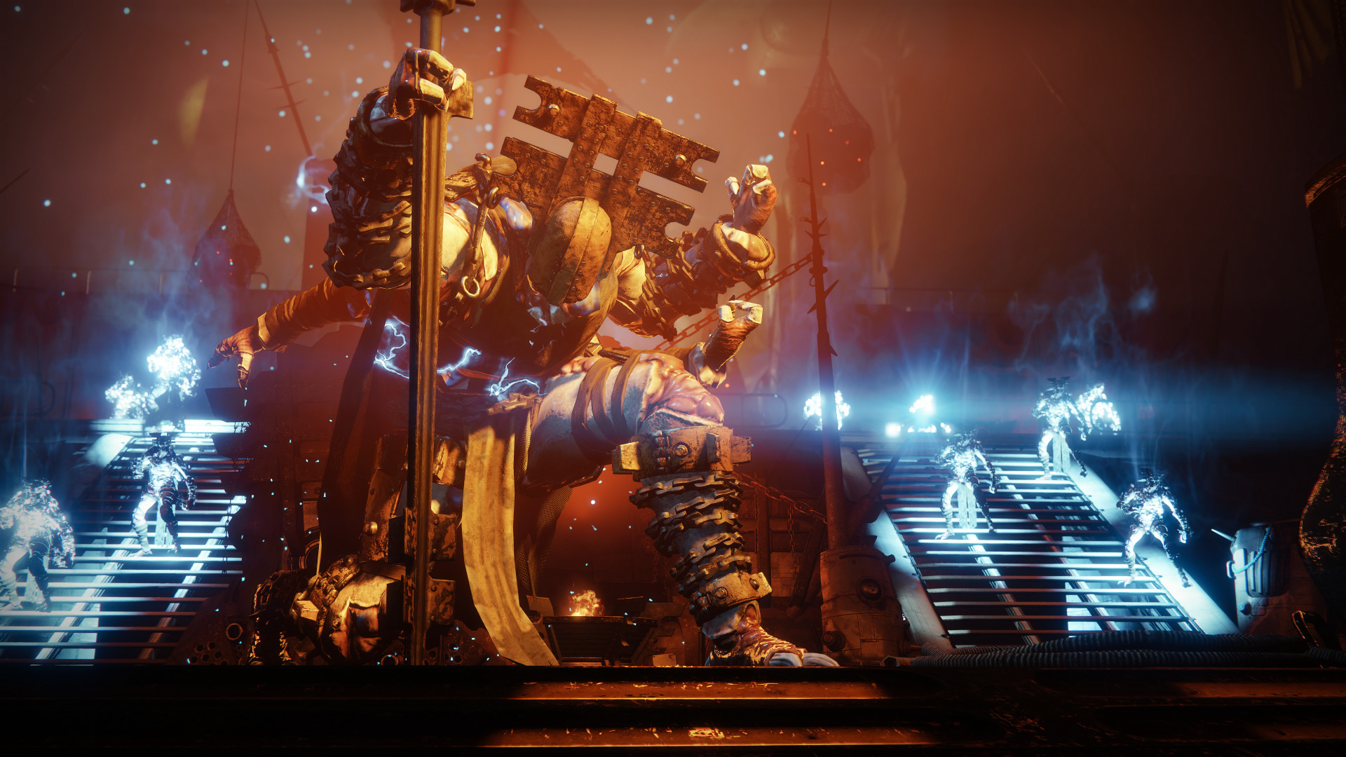 A dramatic video game scene with figures in armor and glowing effects on a stage.