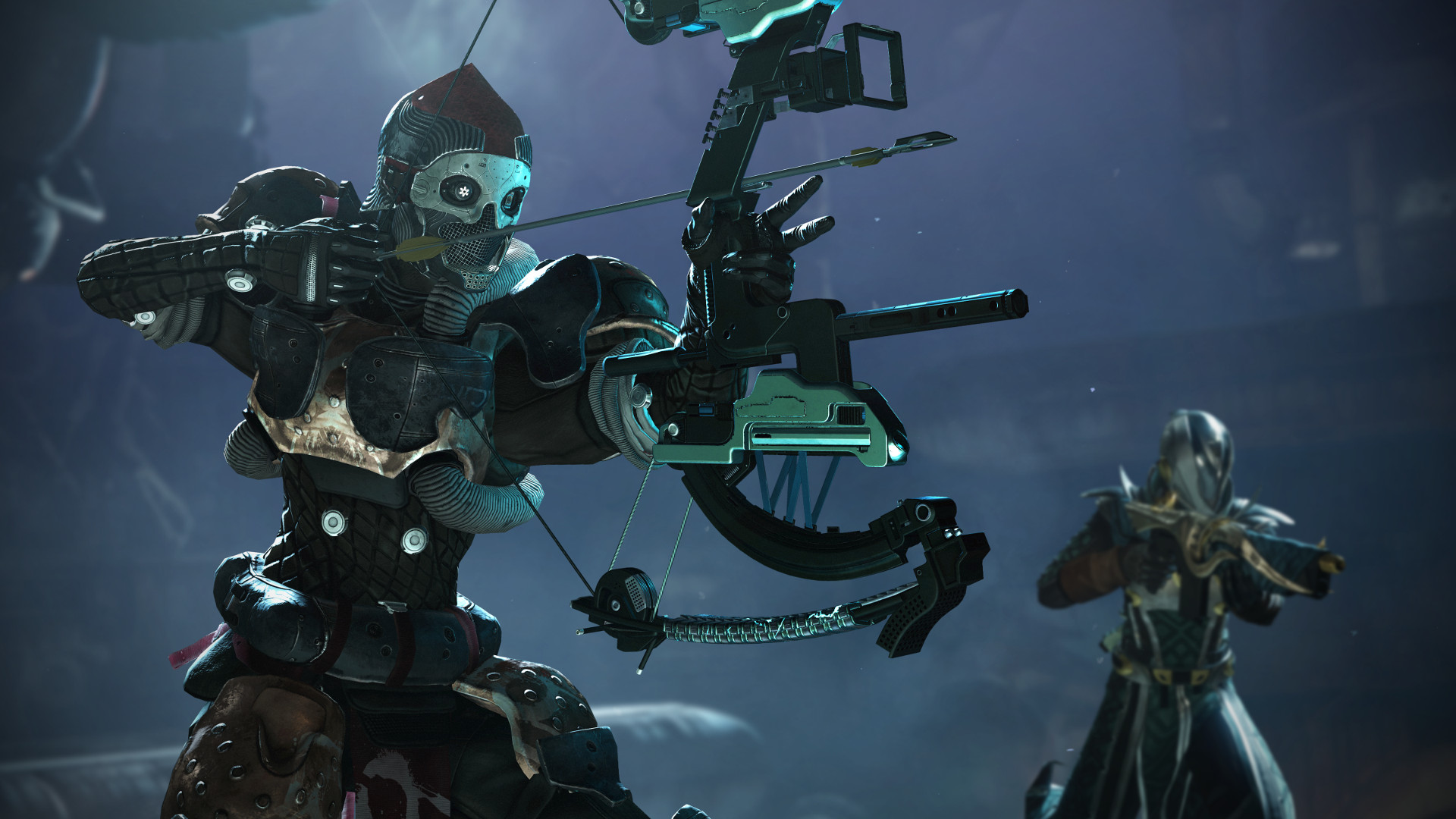 Two figures in a sci-fi scene. One aims a bow, the other stands in the background.