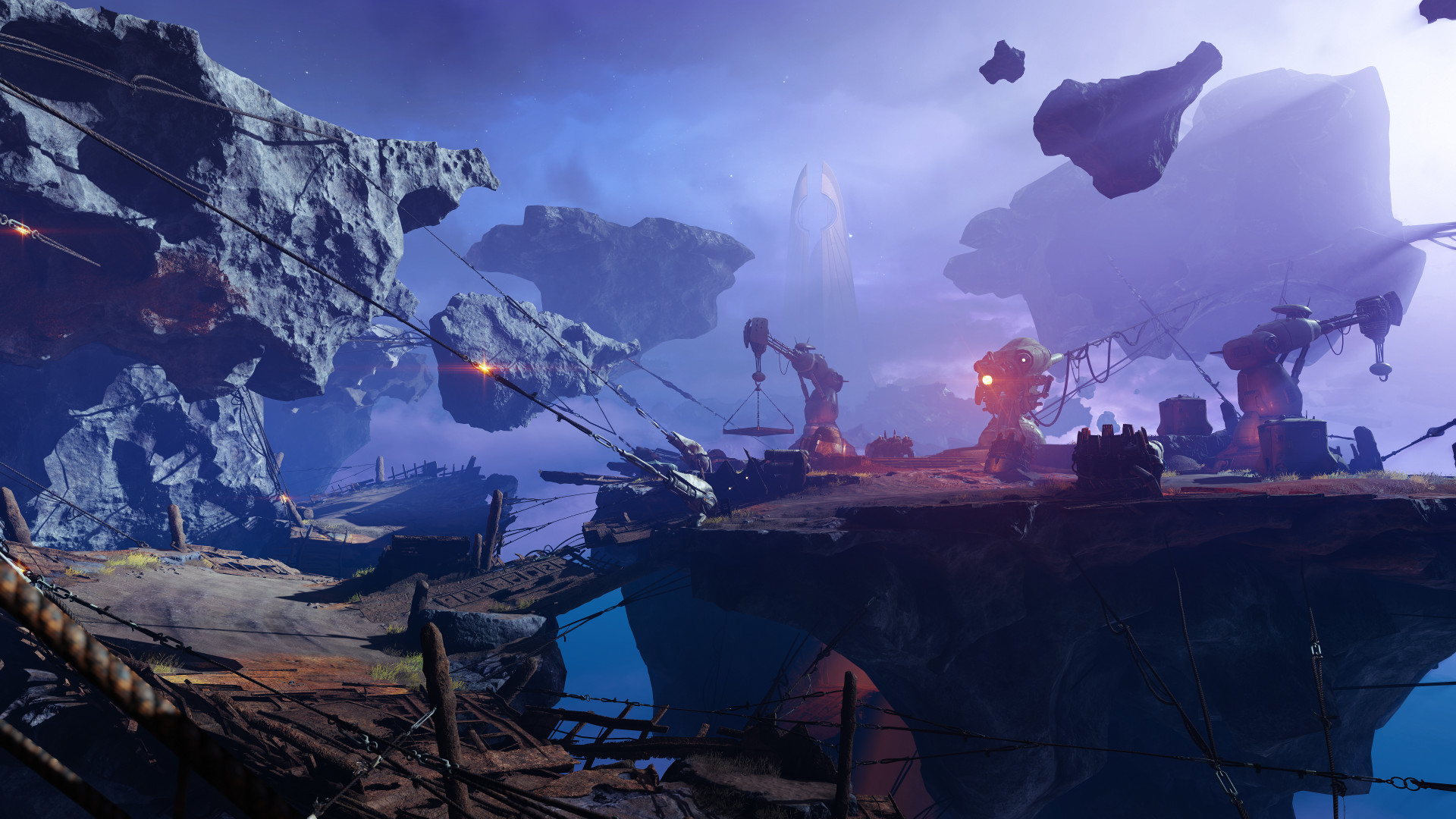 Fantasy landscape with floating rocks, structures, and a purple sky.
