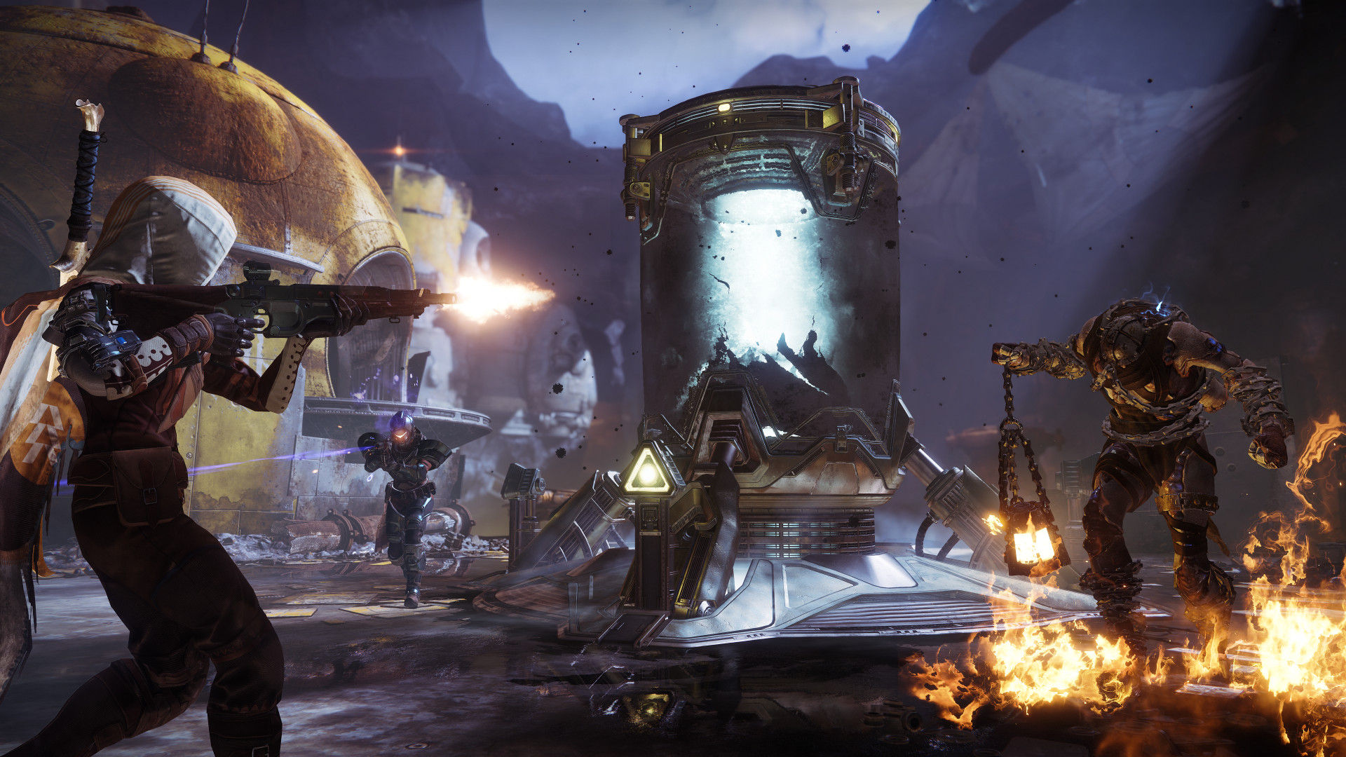 A video game scene with characters shooting at enemies in a futuristic environment.