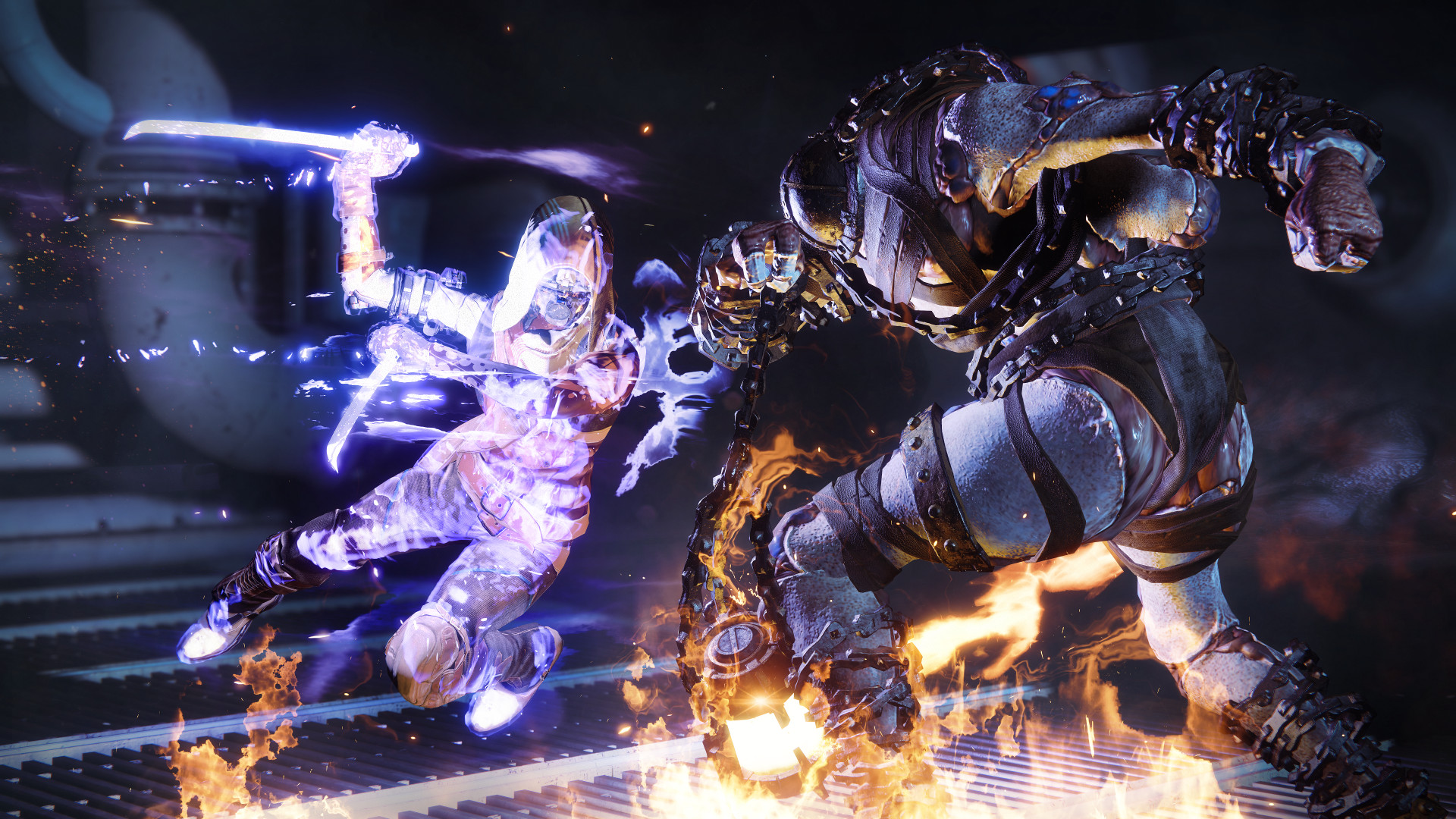 Two figures in a video game fight. One swings a sword, the other prepares to strike.