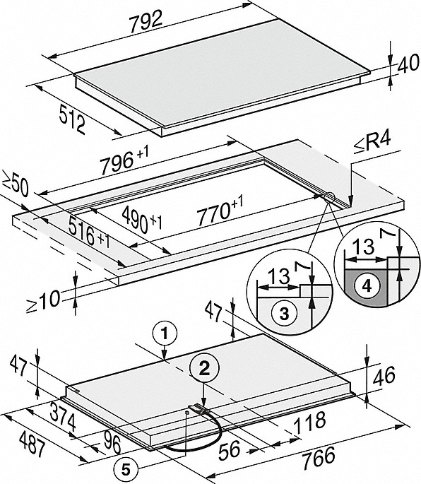 Diagramm eines Kochfeldes mit Maßen und Beschriftungen für die Installation.