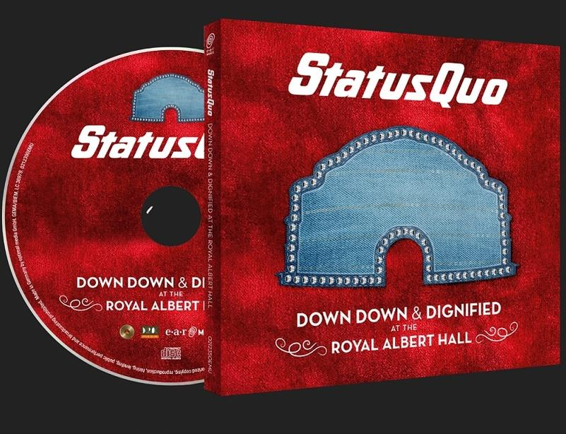 CD-Albumcover: 'Status Quo - Down Down & Dignified'. Roter Hintergrund, Jeans-ähnliche Designelemente. CD links.