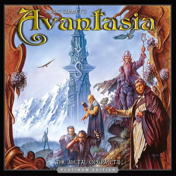 Albumcover mit Fantasy-Kunst: Zauberer, ein Turm und eine Landschaft.