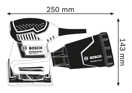 Fekete-fehér diagram egy csiszolószerszámról, 250 mm x 143 mm méretekkel.