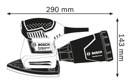 Egy csiszoló rajza, méretekkel: 290 mm szélesség, 143 mm magasság.