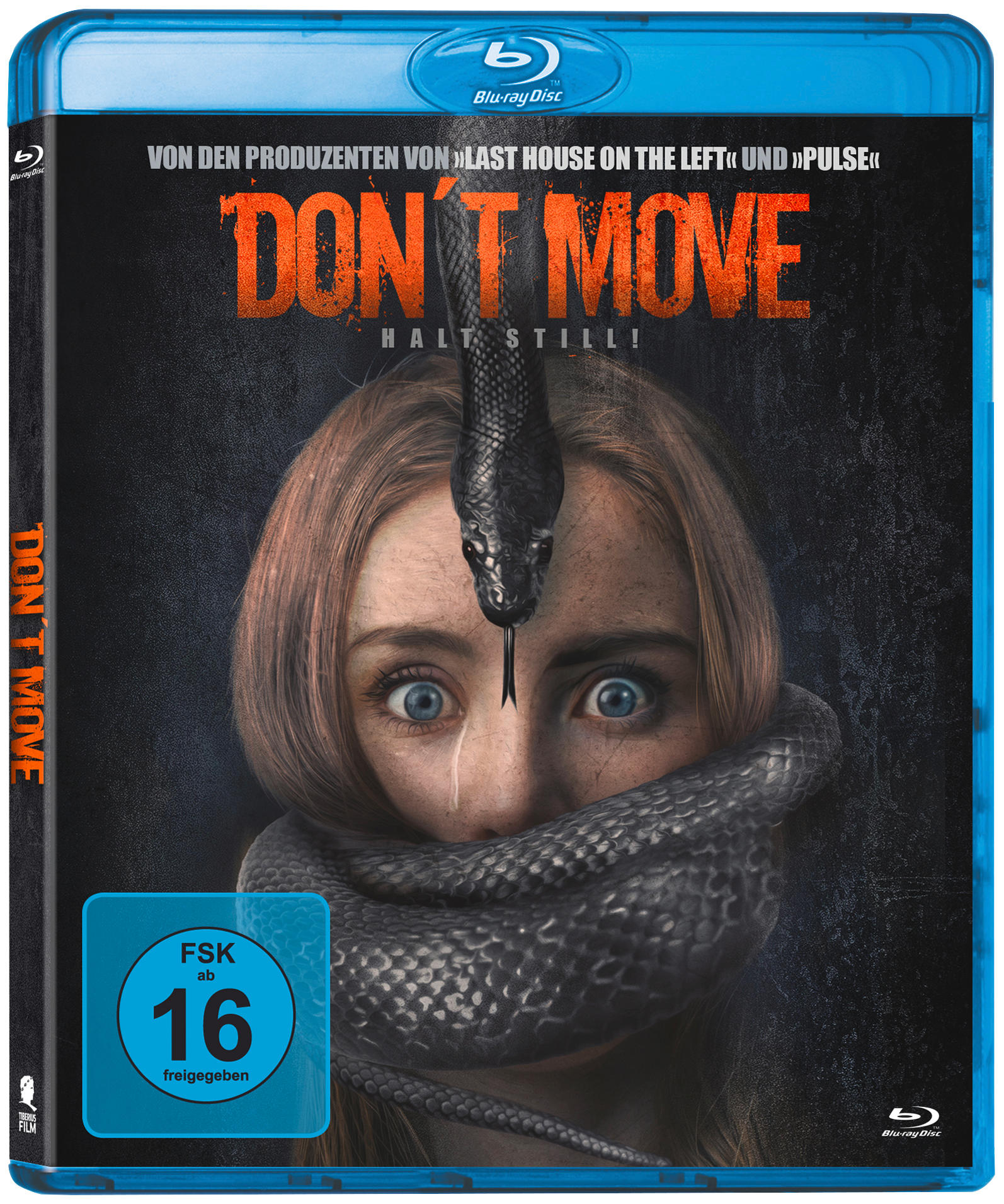 Filmcover. Eine Frau wird von einer Schlange erwürgt. Der Titel lautet "Don't Move".