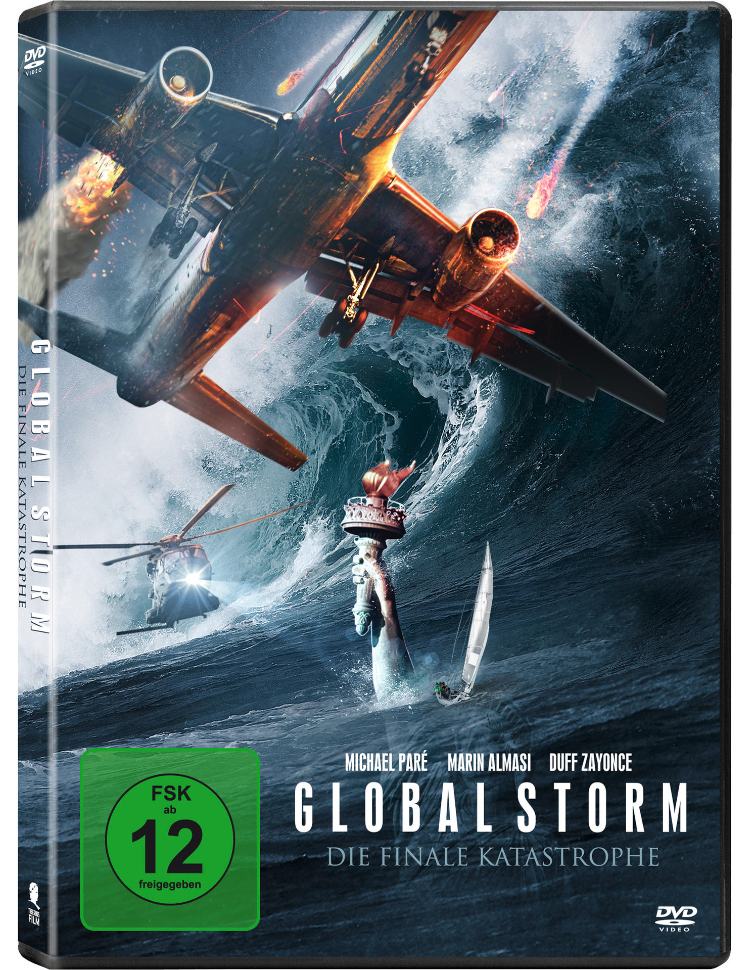DVD-Cover: Flugzeug stürzt ins Wasser, Hubschrauber und Boot. Titel "GLOBAL STORM".