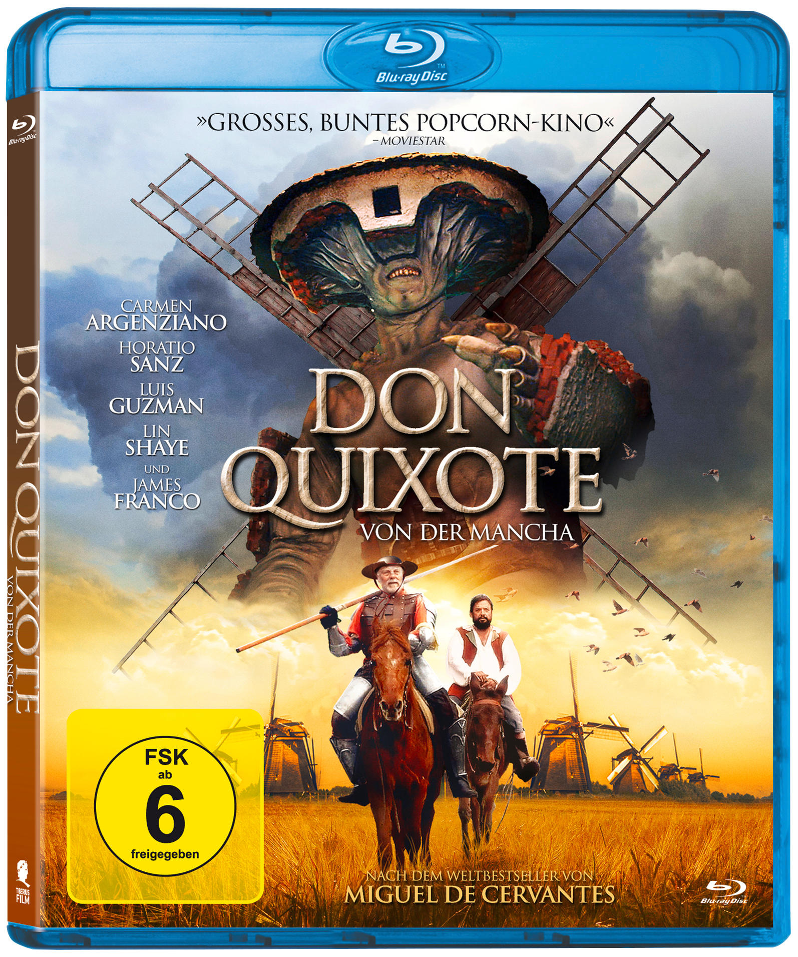 Filmcover: Don Quijote, zwei Reiter, Windmühlen und ein farbenfrohes Theaterdesign.