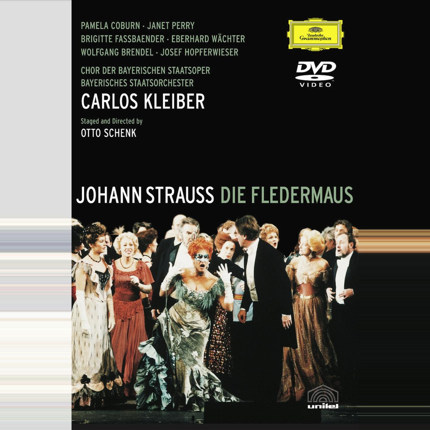 Operncover: Johann Strauss Die Fledermaus. Gruppe von Leuten in Kostümen. Deutsche Grammophon-Logo.