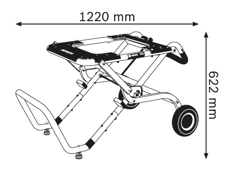 Egy fekete-fehér rajz egy asztali fűrészállványról, 1220 mm és 622 mm méretekkel.