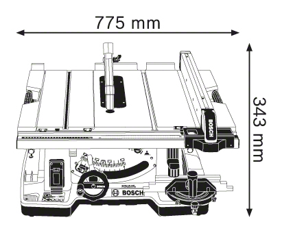 Egy Bosch asztali fűrész vonalrajza, méretekkel: 775 mm széles, 343 mm magas.