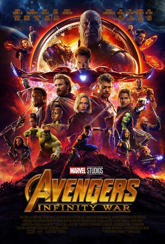 Avengers: Infinity War filmposter, met tal van Marvel-personages.