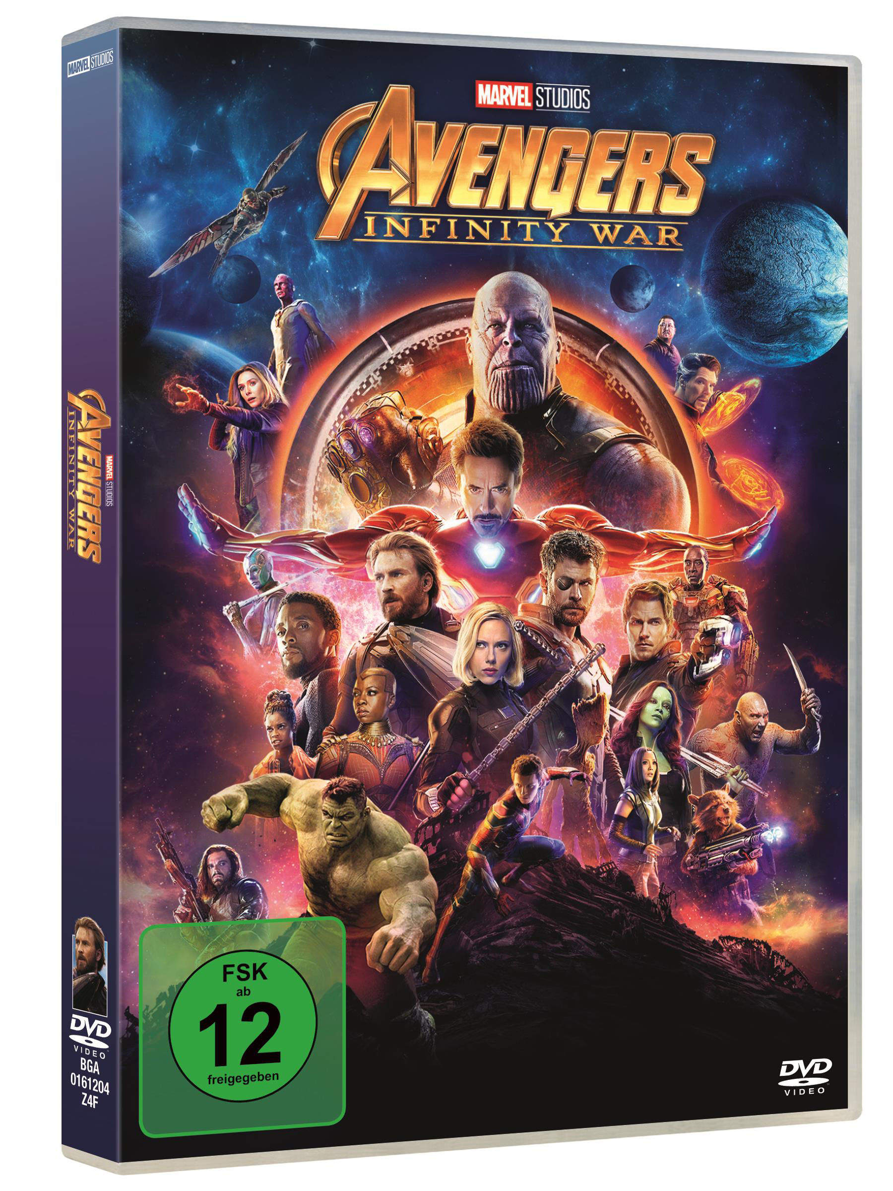 DVD-Hülle von Avengers: Infinity War mit Charakteren und Logo. Die DVD befindet sich in einer Hülle.