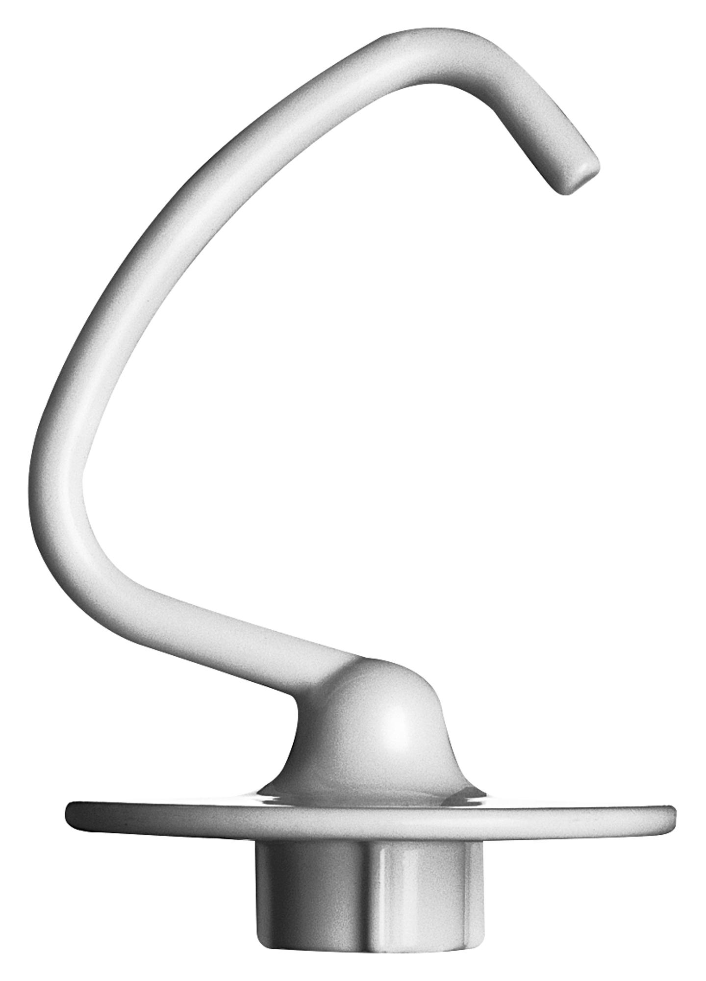 Ein weißer KitchenAid Knethaken. Es ist ein gebogenes Metallstück mit zylindrischem Fuß.