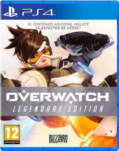 Caja del juego Overwatch Legendary Edition para PS4. Muestra a Tracer en la portada. Colores azul y blanco.