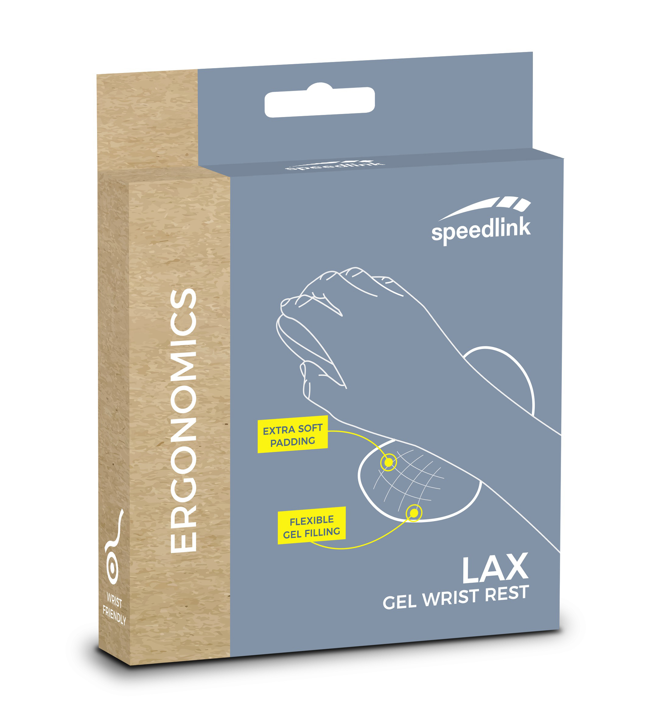 Ein verpacktes Speedlink LAX Gel-Handgelenkstütze, mit Text und Handdiagramm.