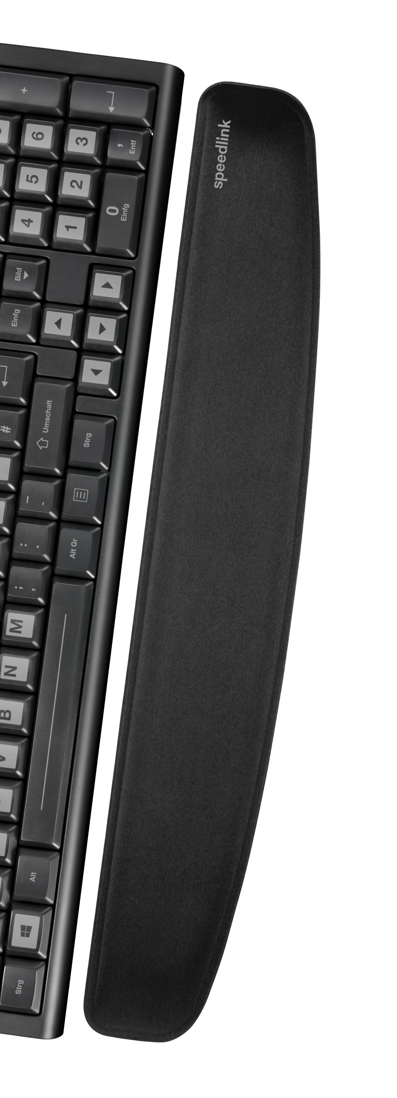 Schwarze Handgelenkauflage mit 'speedlink' Text, neben einer Tastatur.