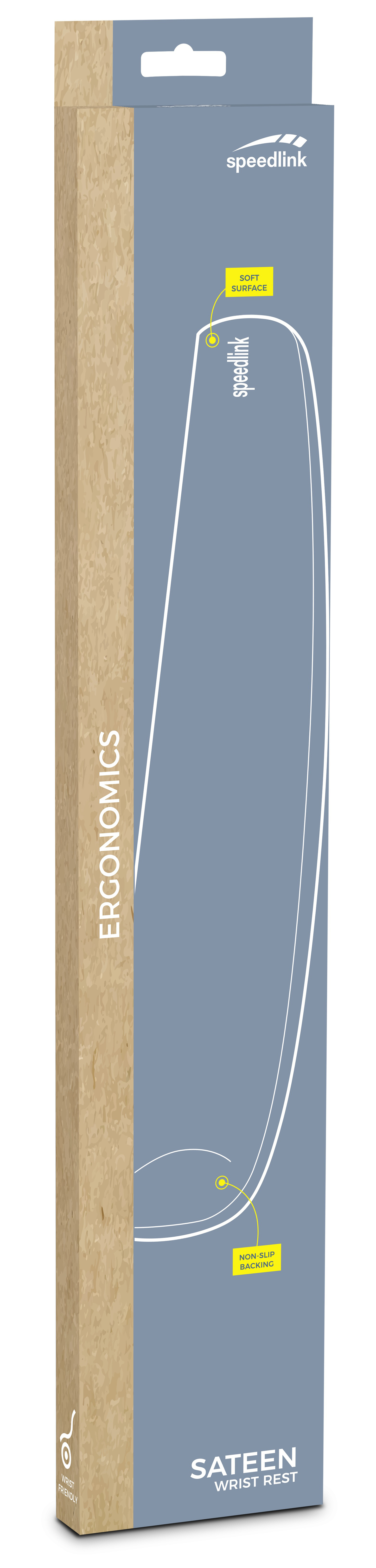 Eine lange, braune Pappschachtel mit den Worten 'ERCONOMICS' und 'SATEEN WRIST REST'.