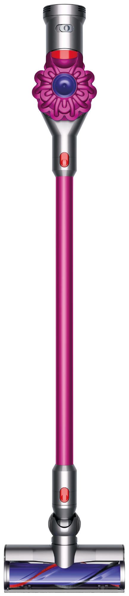 Aufrechter rosa Dyson Staubsauger. Silber- und rosa Farbkombination. Weißer Hintergrund.