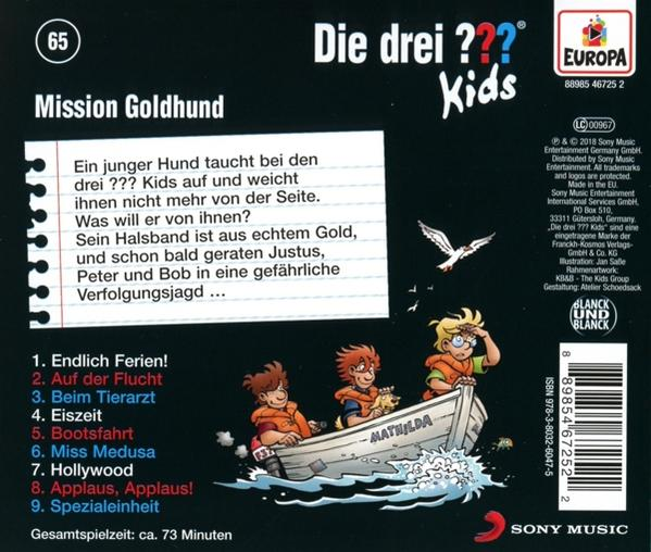 Rückseite eines Die Drei ??? Kids CD-Cases mit einer Cartoon-Szene von drei Kindern in einem Boot. Deutscher Text und Logo.