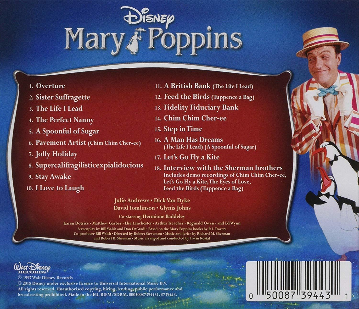 Rückseite einer Mary Poppins CD-Hülle mit Titelliste und Bild von Bert.
