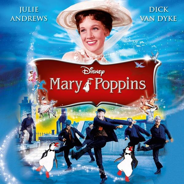 Filmposter für Mary Poppins. Es zeigt Julie Andrews und Dick Van Dyke und tanzende Pinguine.