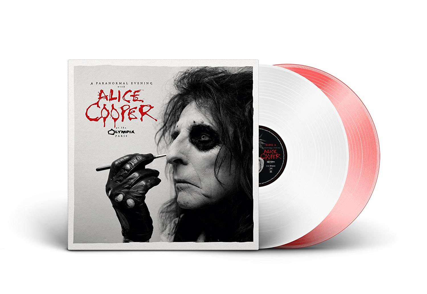 Albumcover von Alice Cooper mit einer rot-weißen Vinyl-Schallplatte.