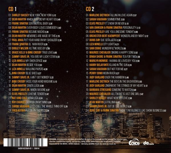 CD mit Noten. Text in mehreren Sprachen. Stadtsilhouette im Hintergrund, Nachtszene.