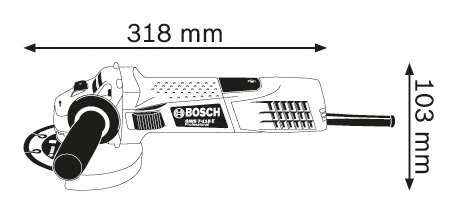 Egy vonalrajz, amely egy elektromos szerszámot mutat, méretekkel: 318 mm hosszú, 103 mm magas.