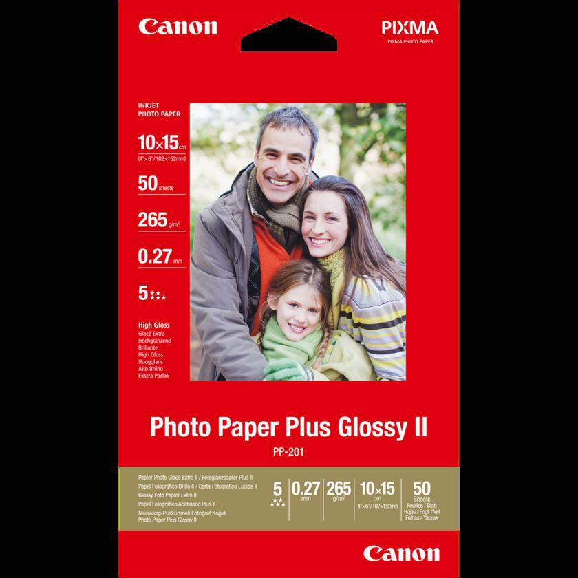 Canon Fotopapierverpackung mit Familienporträt. Text enthält Produktdetails, Markenlogo und Spezifikationen.