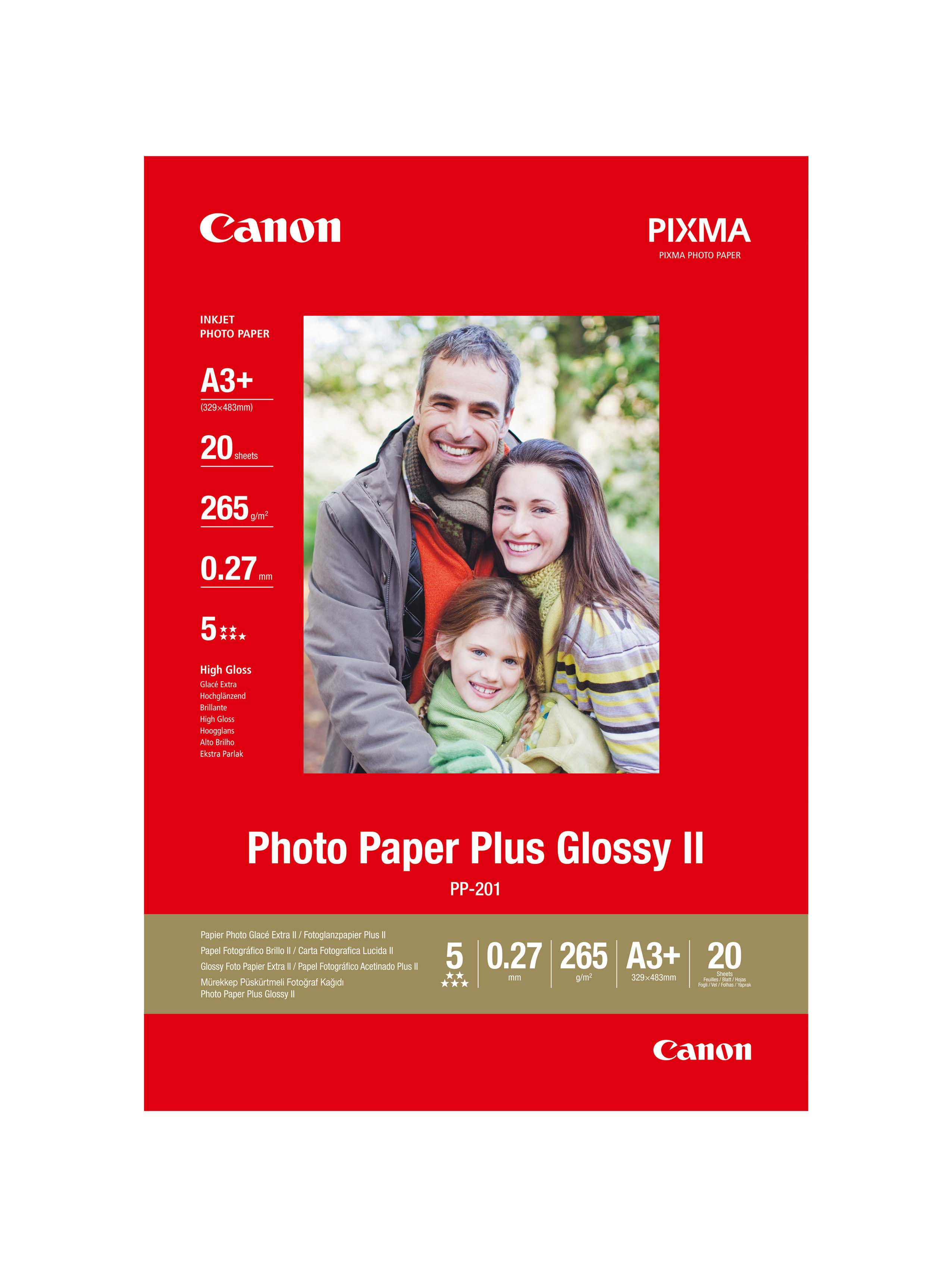 Eine Canon-Fotopapierbox mit Familienfoto und Produktdetails auf rotem Hintergrund.