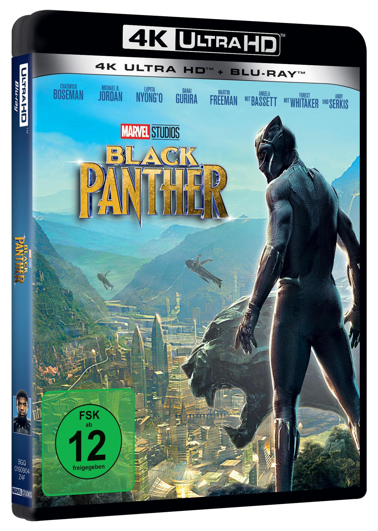 Black Panther Blu-ray-Hülle. Auf dem Cover ist Black Panther im Anzug, Stadt- und Berg-Hintergrund.