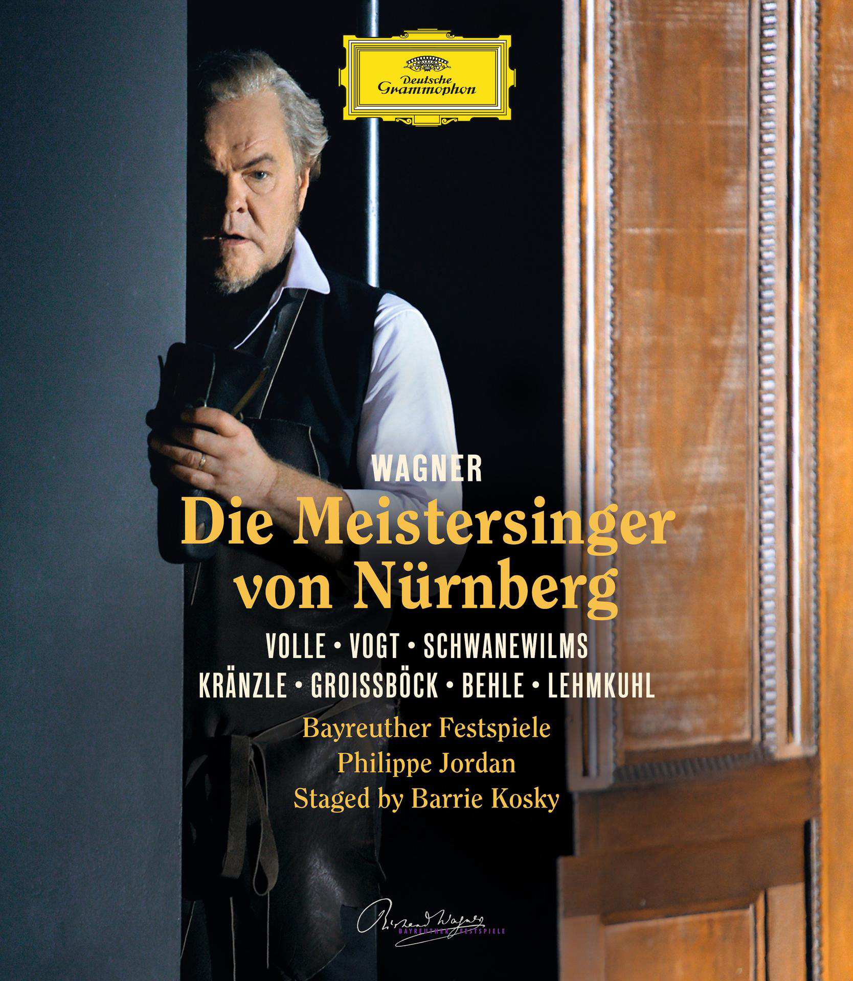 Opernplakat. Ein Mann in dunklem Anzug mit Text auf Deutsch. 'Die Meistersinger von Nürnberg' ist sichtbar.