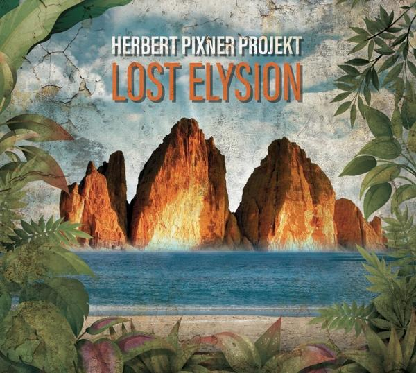 Albumcover von 'Lost Elysion' mit einer tropischen Szene, Bergen, Wasser und Vegetation.