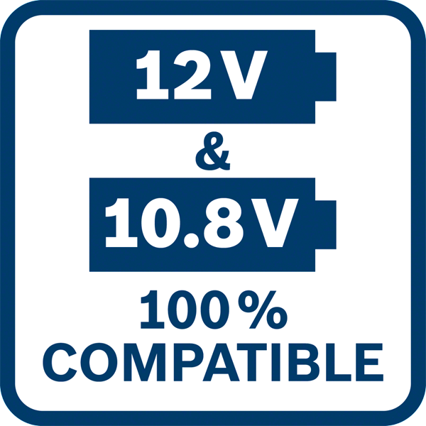 Kék-fehér tábla 12V és 10.8V kompatibilitást jelző szöveggel.