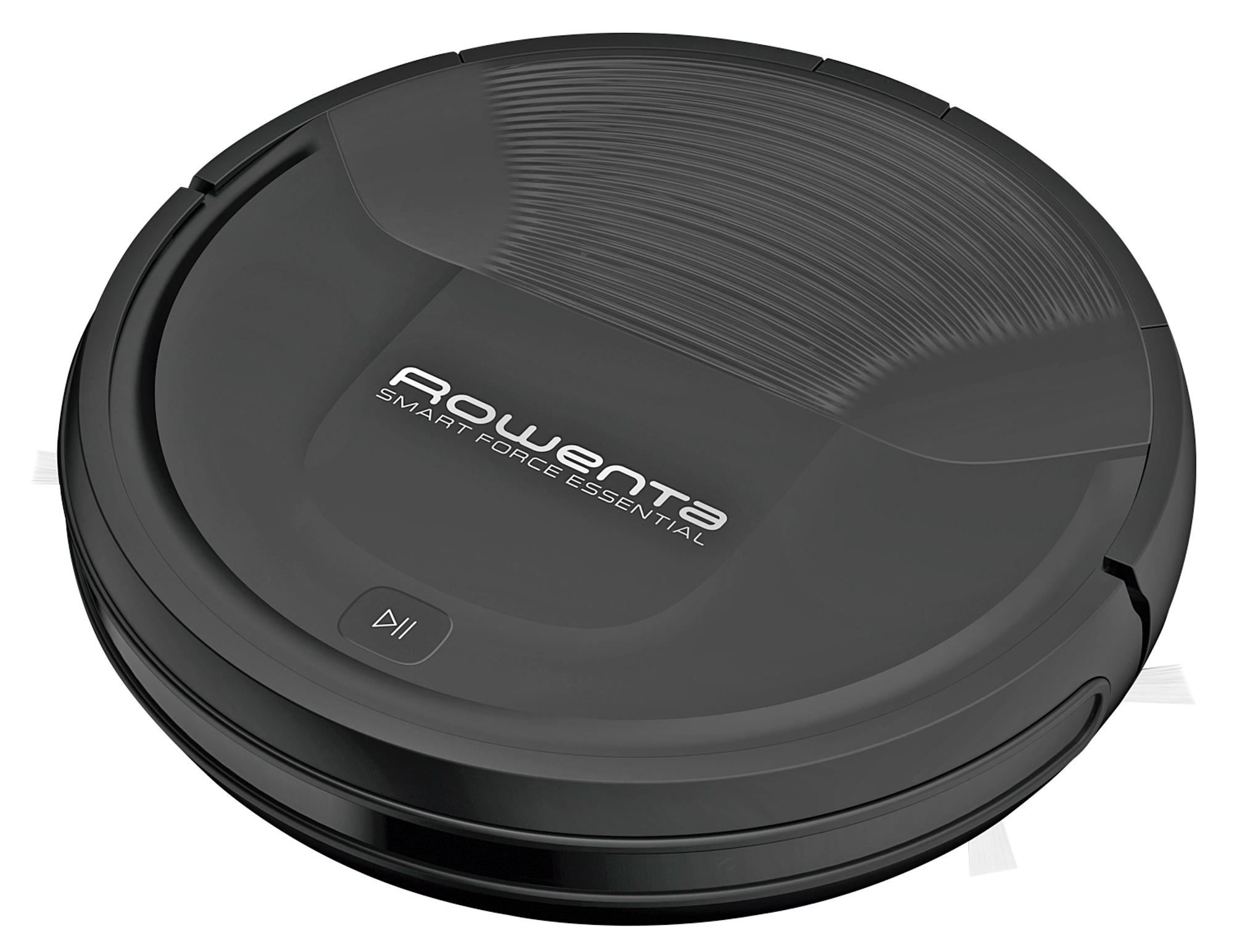 Schwarzer Rowenta Smart Force Essential Roboter-Staubsauger. Wiedergabe-/Pausen-Taste sichtbar. Weißer Hintergrund.