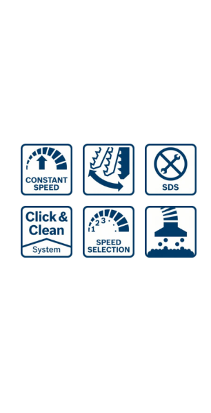 Állandó sebességet, légáramlást, szerszámmentességet, click & clean, sebességválasztást, por eltávolítást jelző ikonok.