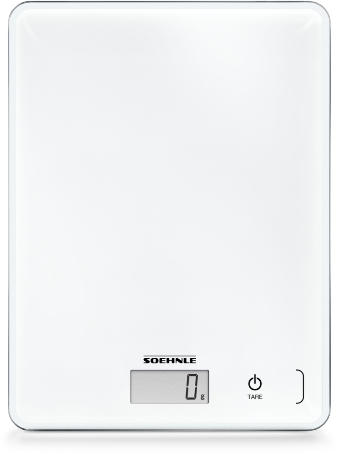 Balance de cuisine numérique blanche avec un écran affichant 0g. Elle a un bouton tare et un bouton marche/arrêt.