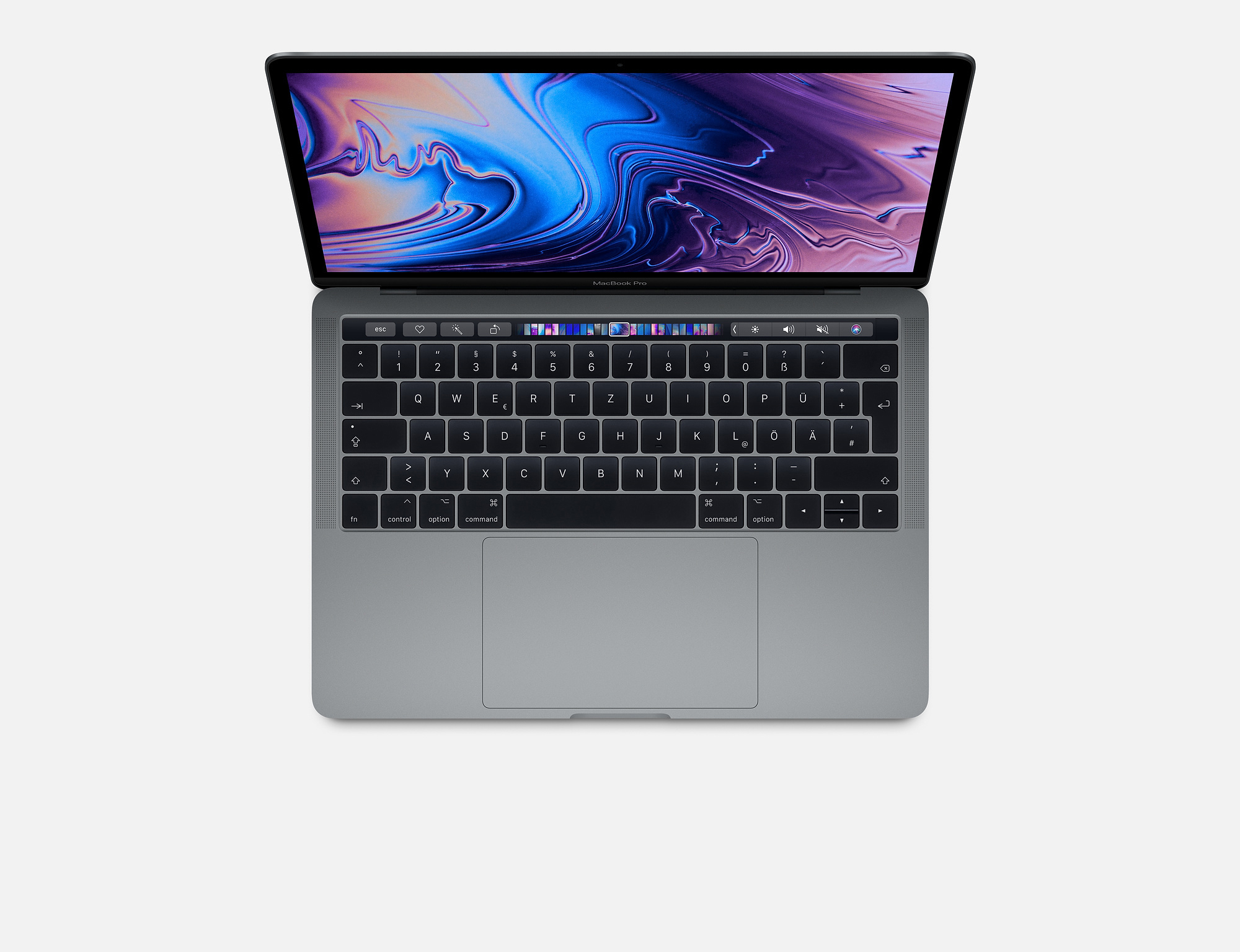 Laptop mit offenem Bildschirm, Draufsicht. Tastatur und Trackpad sind sichtbar. Der Bildschirm zeigt Bild.