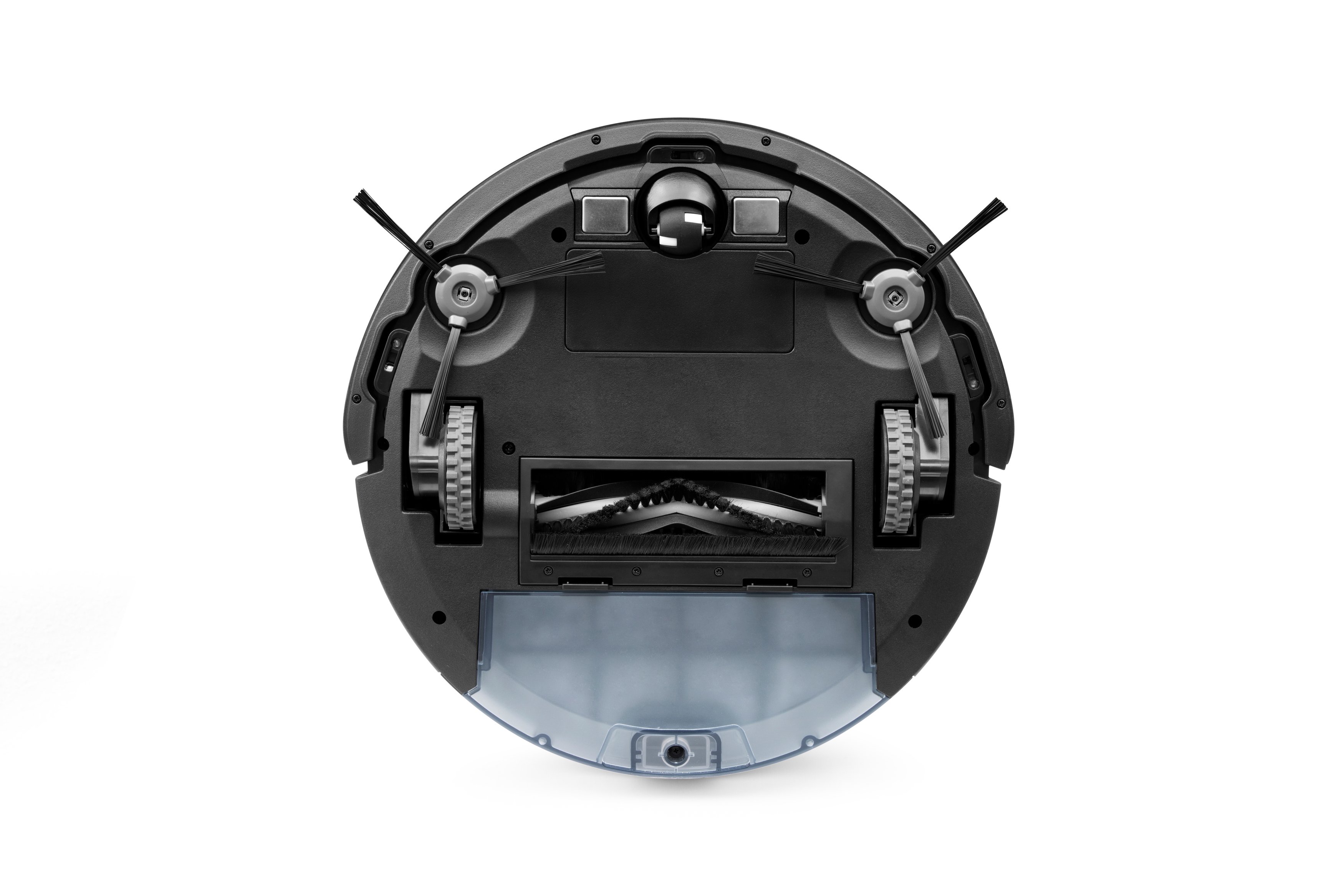 Schwarzer Roboter-Staubsauger von unten auf weißem Hintergrund.