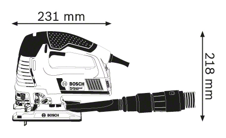 Szúrófűrész vonalrajza 231 mm hosszú és 218 mm magas méretekkel, valamint tömlőcsatlakozóval, fehér alapon.