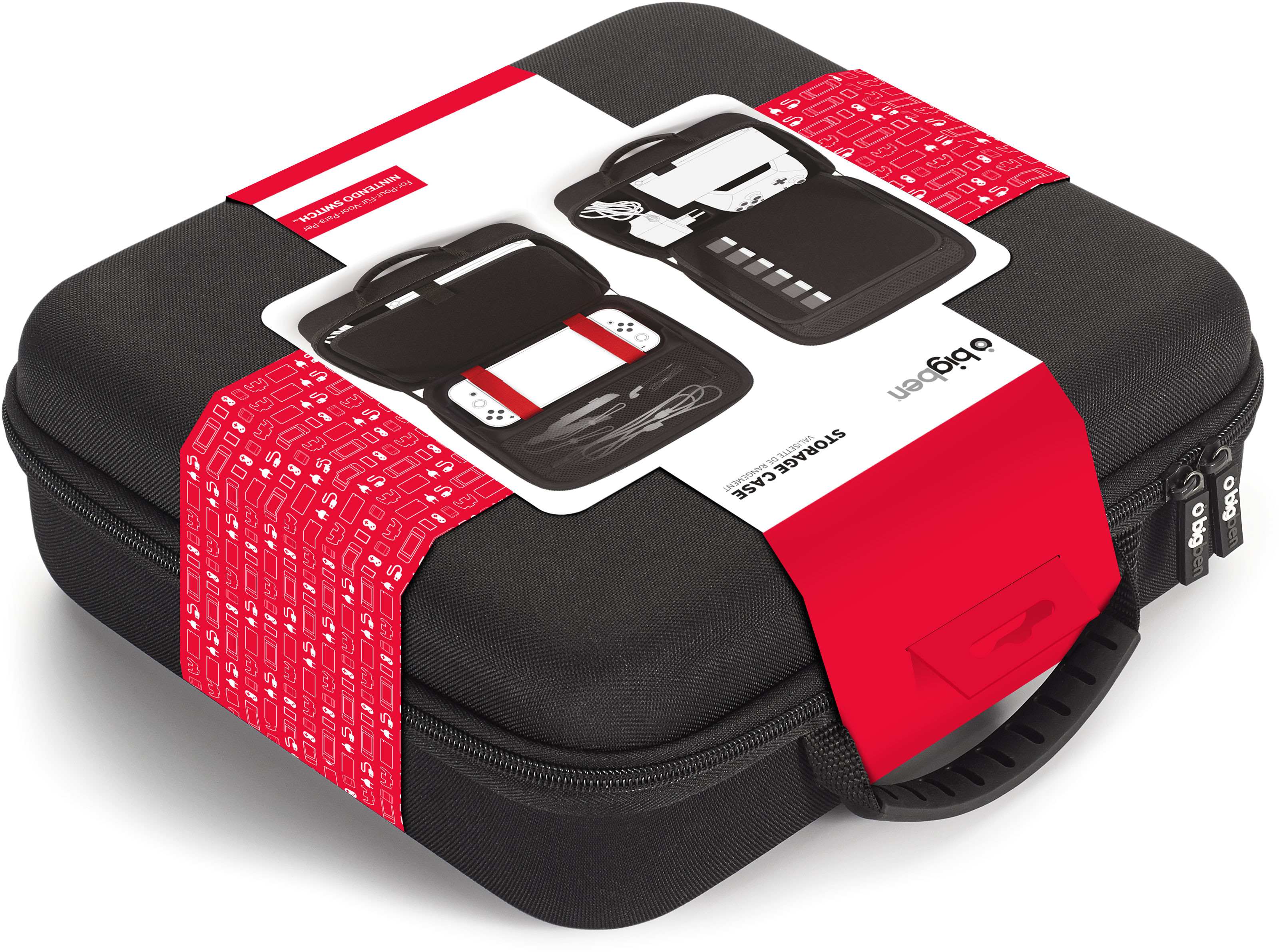 Étui de rangement noir pour une Switch, avec une étiquette blanche et une bande rouge. L'étui est ouvert.