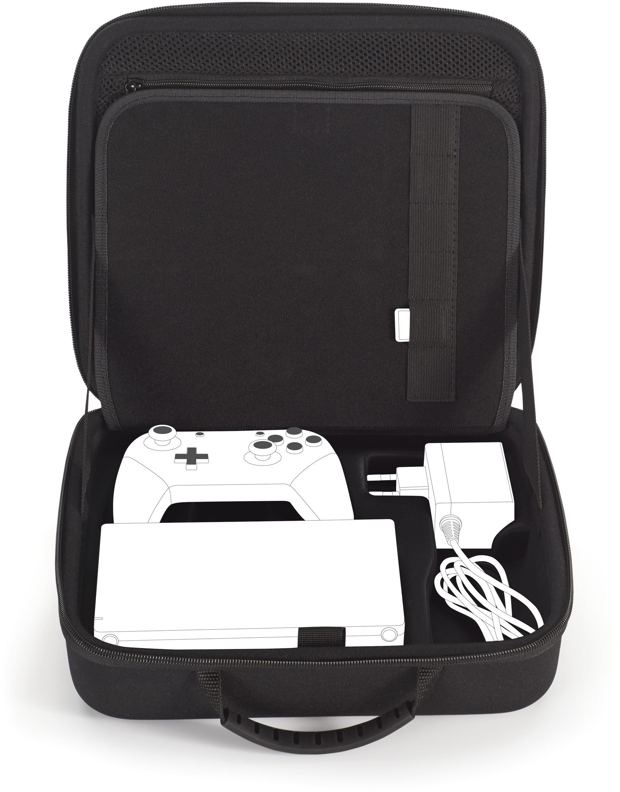 Étui noir ouvert avec une console de jeu, une manette, un chargeur et une boîte blanche à l'intérieur.