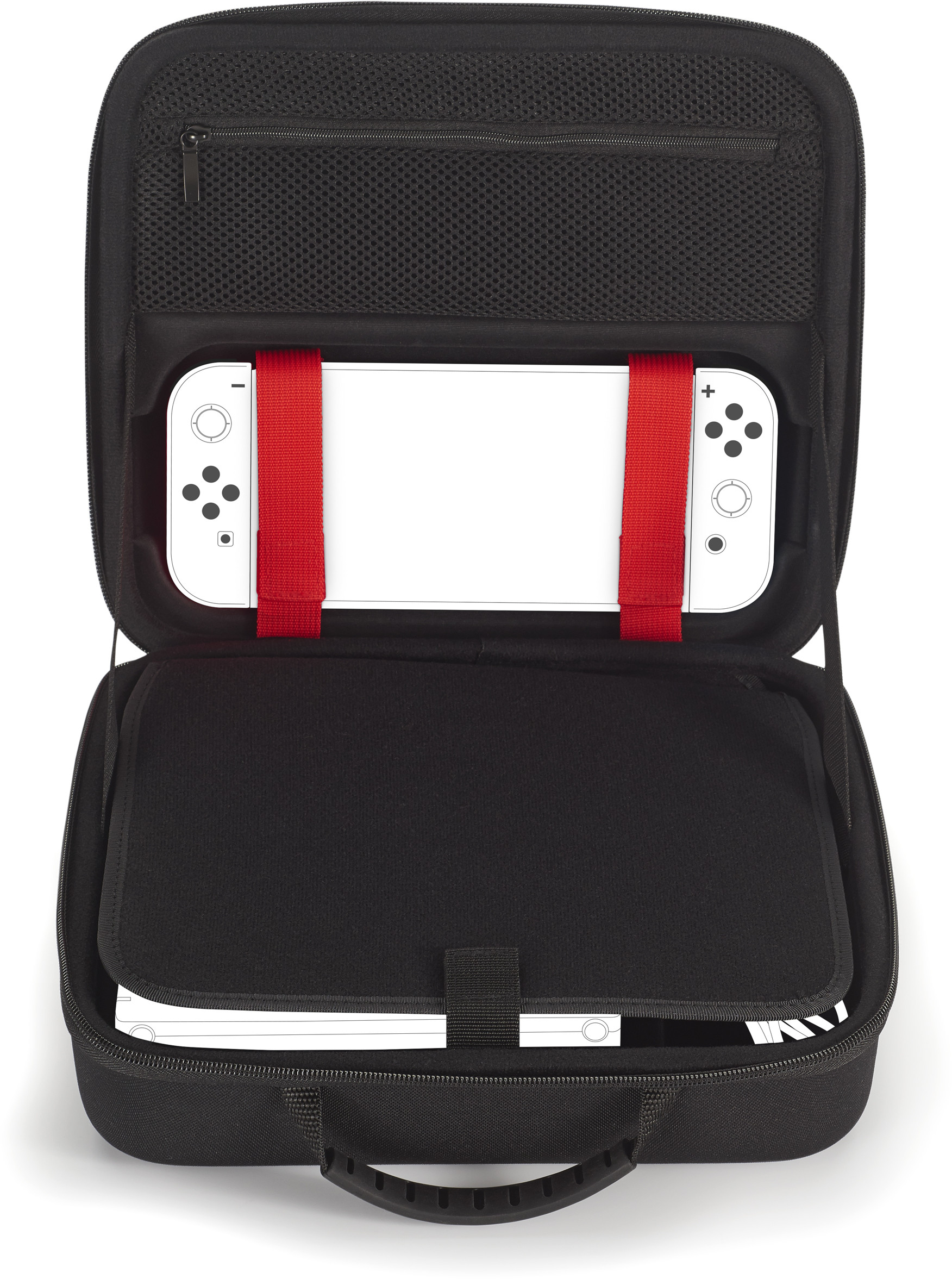 Mallette de transport noire ouverte avec console sécurisée par des sangles rouges.