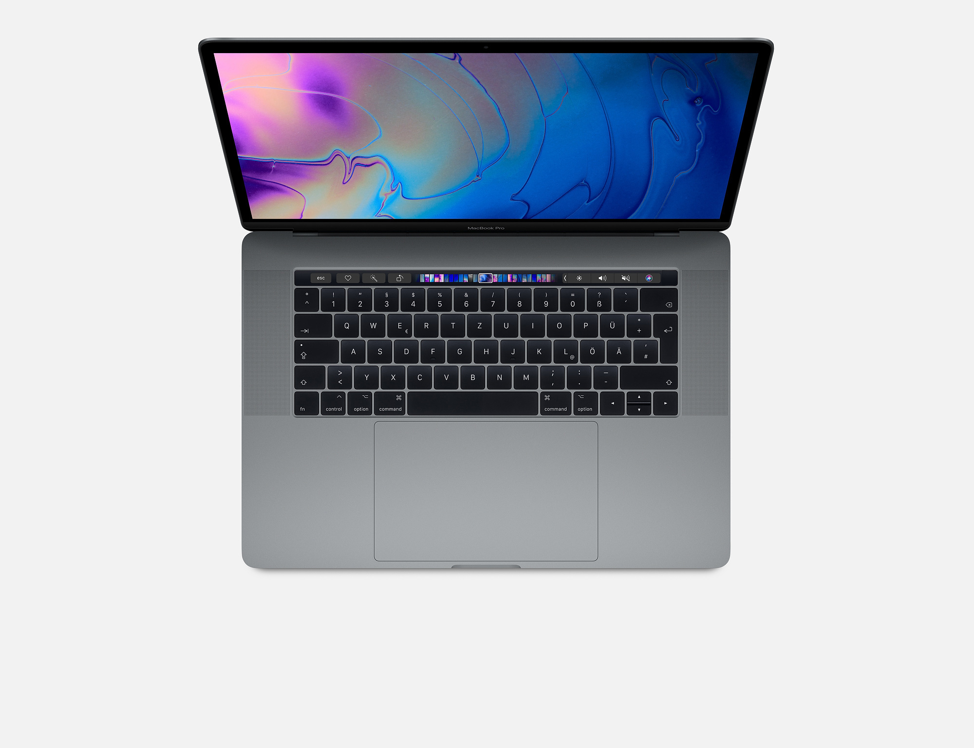 Draufsicht auf ein Laptop mit geöffnetem Bildschirm mit bunten Bildern. Tastatur und Trackpad sichtbar.