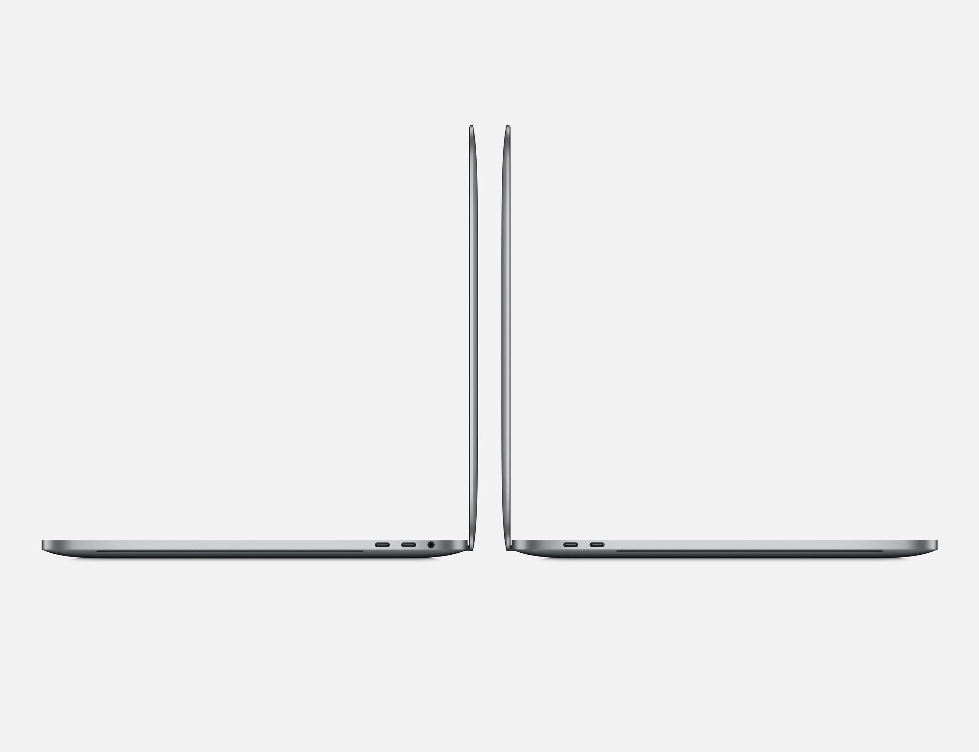 Zwei Seitenansichten eines Laptops, eine offen und eine geschlossen, die Seitenprofile zeigend.