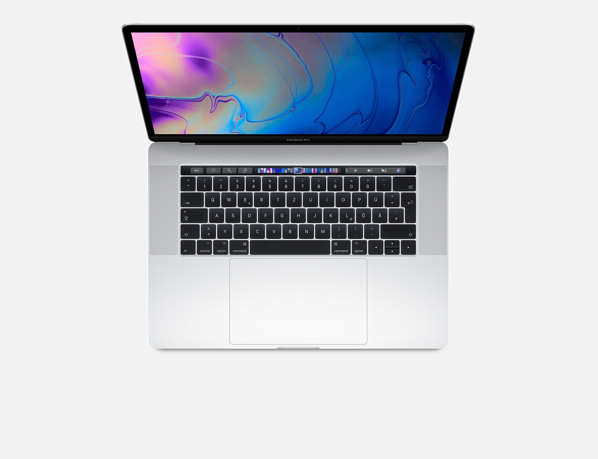 Apple MacBook Pro Laptop, Draufsicht. Der Bildschirm ist geöffnet, bunte Oberfläche. Weißer Hintergrund.