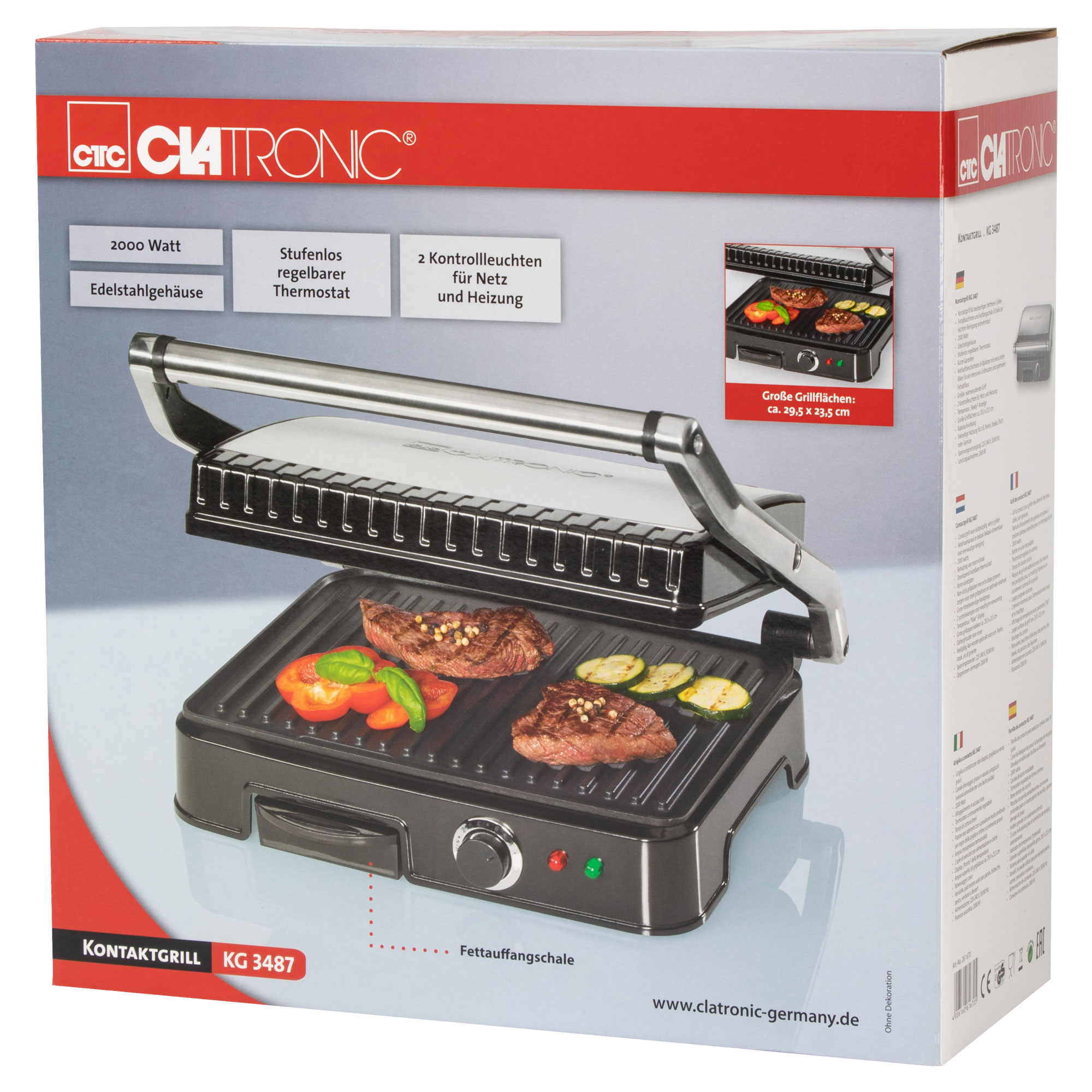 Clatronic Kontaktgrill auf einer Box, mit gekochten Speisen sichtbar.