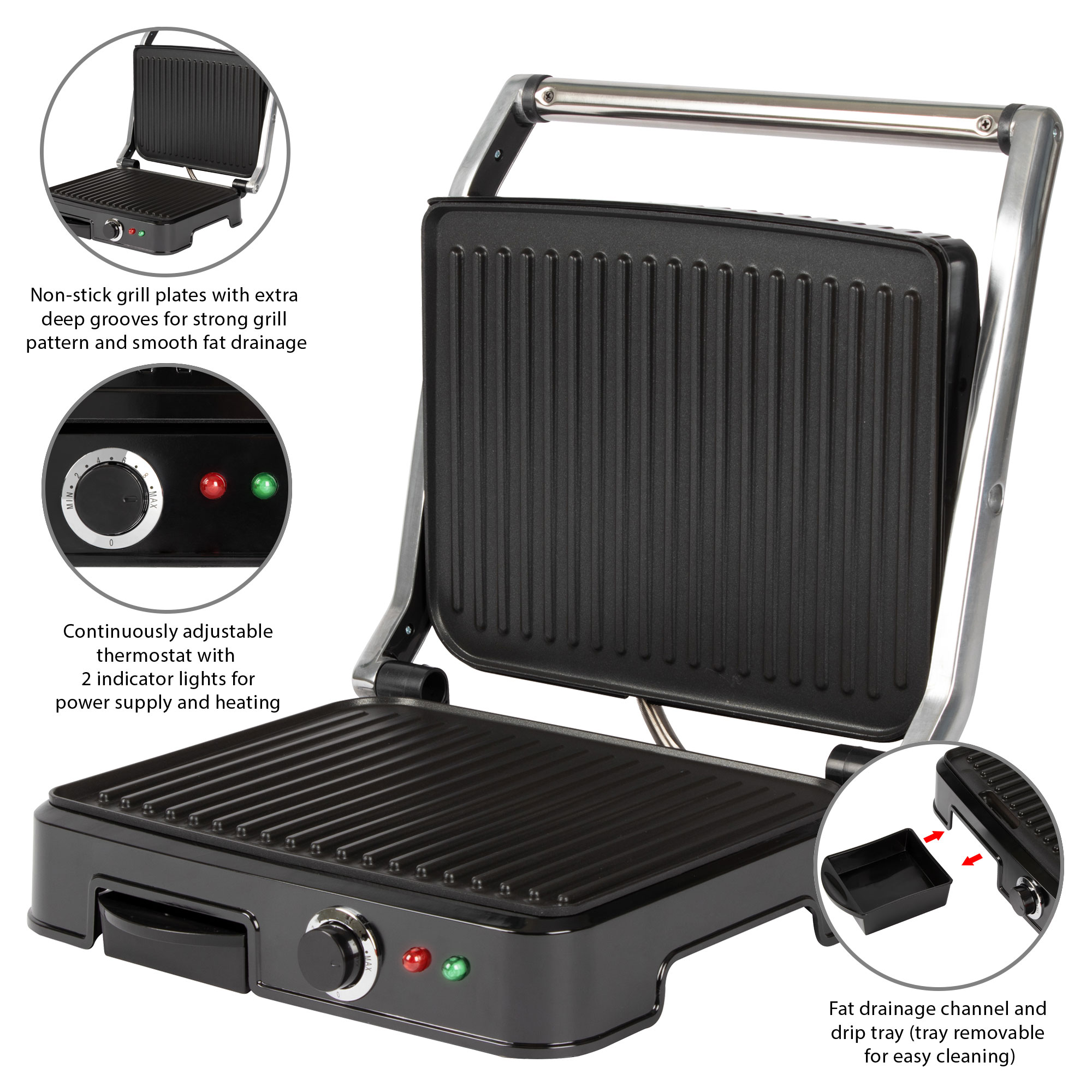Ein schwarzer Panini-Grill mit offenem Deckel, der Grillplatten, Bedienelemente und eine Fettauffangschale zeigt.